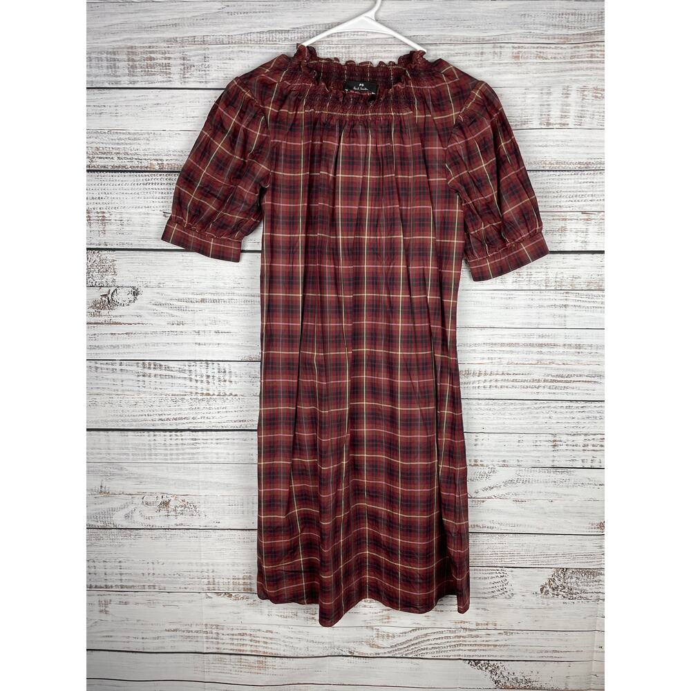 PS Paul Smith Red Brown Plaid Cotton Mini Dress Small Smocking Academia Holiday